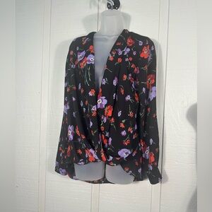 Pleonie Women’s Black Floral Faux Wrap Long Sleeve Blouse Size Small NWOT